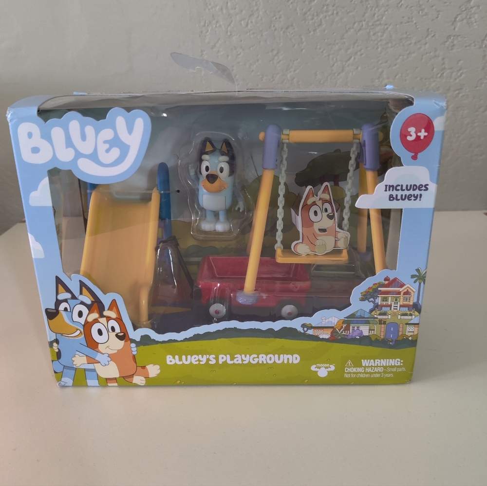 Bluey Park Mini Playset with 2.5" Bluey Figure Red Wagon Swing Set and Slide NEW